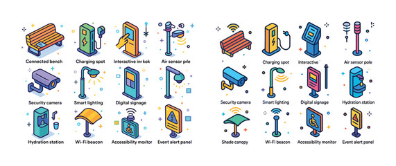Fototapeta premium Smart city elements: benches, charging stations, security camera