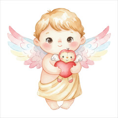 Cute Cupid Angel Holding Toy Watercolor Vector Illustration Isolated on White Background
