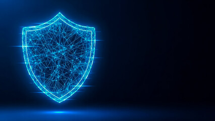 A vibrant blue polygonal shield glowing against a deep blue, gradient background. This abstract illustration symbolizes robust digital security, data protection, and network defense in the age of