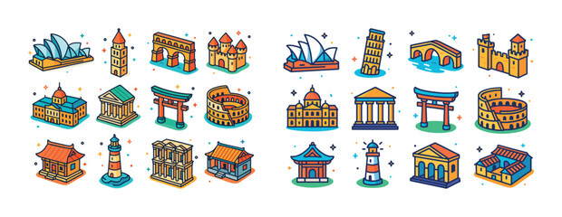 Colorful icon set of famous world landmarks in cartoon style