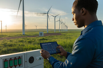 Man analyzing wind farm data on tablet in renewable energy field