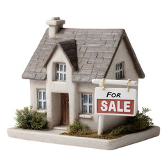 Miniature clay house with a  For Sale  sign on white background