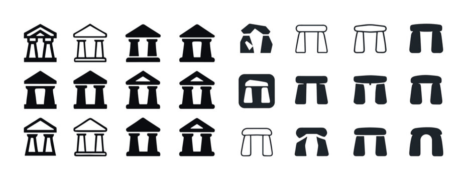Ancient stone structure icons set - megalithic landmark symbols