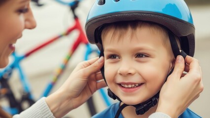 Woman adjusting helmet strap on a smiling boy. Child safety concept for cycling or sports activity, a mom helping her kid.