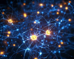 Digital Render of a Nerve Cell Network with Illuminated Connections and Active Cell Bodies