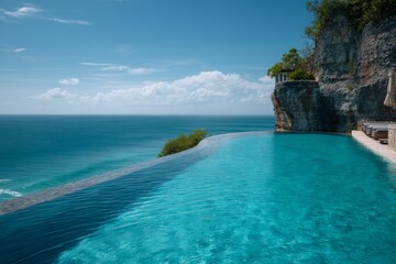 Fototapeta premium Luxury infinity pool overlooking a vast turquoise ocean beside a dramatic cliff under clear skies.