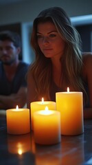 A woman is sitting at a table with four candles in front of her. The candles are lit and the woman is looking at them. The scene has a warm and cozy atmosphere, as the candles provide a soft
