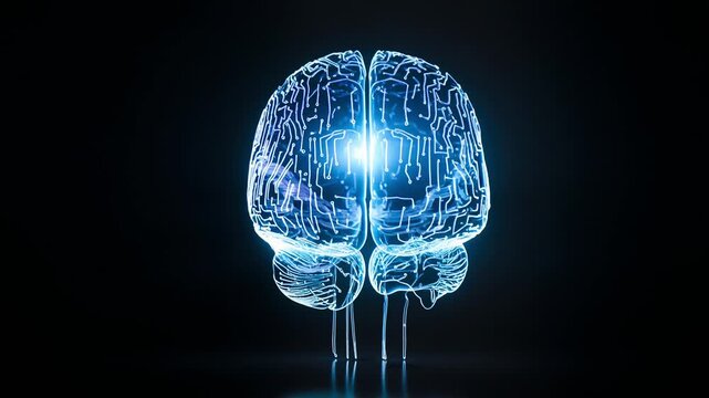 Glowing neural brain rotating in dark technological space