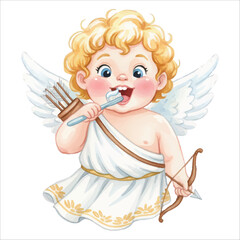Cute Cupid Angel Brushing Teeth Watercolor Vector Illustration Isolated on White Background
