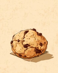 Freshly Baked Golden Chocolate Chip Cookie on Beige Paper.