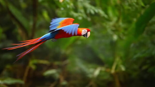 Flying Scarlet Macaw in Tropical Rainforest, Wildlife Photography, Natural Habitat, Colorful Bird in Flight, Jungle Environment, Side View