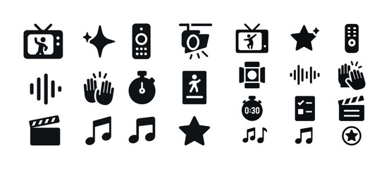 Fototapeta premium Entertainment and media icons set featuring tv, music, and clapp