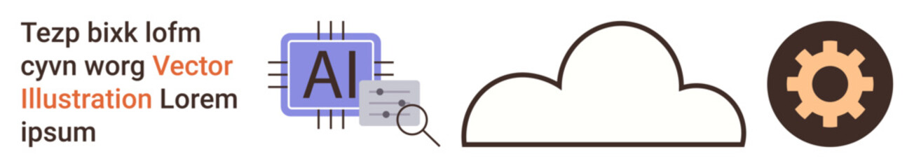 Artificial intelligence, cloud computing, data processing, automation, machine learning, technology systems. Microchip with AI text, cloud outline and gear icon. AI and cloud computing concept