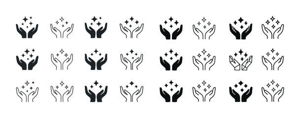 Collection of various hand gesture icons with sparkles