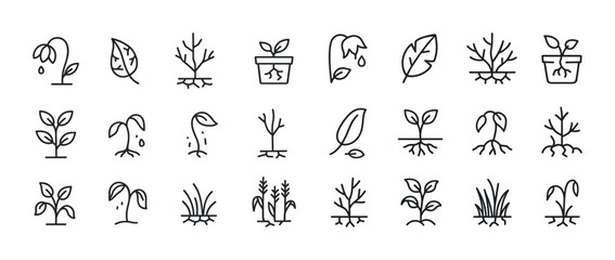Naklejka premium Plant growth icons set featuring various stages and conditions o