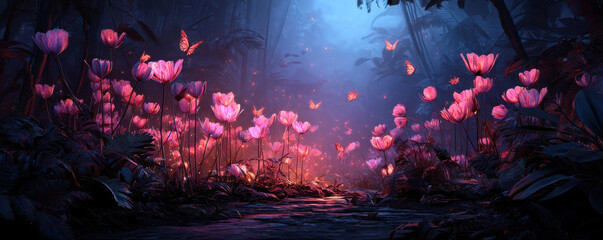 Fototapeta premium Butterfly dance among flowers in nature's lush garden enchanted forest digital art dreamy atmosphere serene beauty