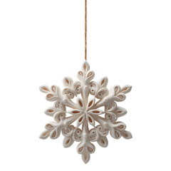 White Ornate Snowflake Ornament Hanging on White Background
