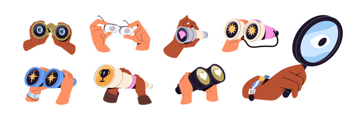 People look through binoculars set. Concept of curiosity, searching for and discovery. Hands with magnifying glass, telescope seek and observe. Flat isolated vector illustrations on white background