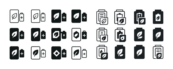 Eco-friendly battery icons set with leaf symbols for renewable e