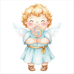Cute Cupid Angel Holding Lollipop Watercolor Vector Illustration on White Background
