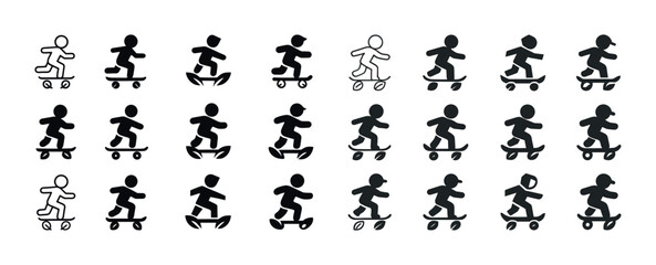 Set of skateboarding stick figures in various dynamic poses in b