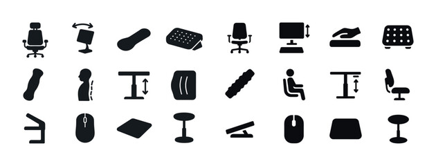 Fototapeta premium Ergonomic office equipment icons set: chair, desk, mouse, cushio