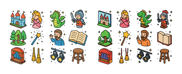 Naklejka premium Whimsical fantasy icons: castle, knight, dragon, princess, and m