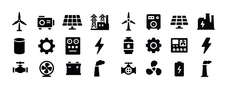 Energy and power icons collection: wind, solar, industrial, batt