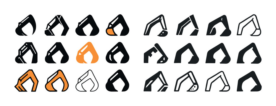 Set of minimalist excavator icons in black and orange