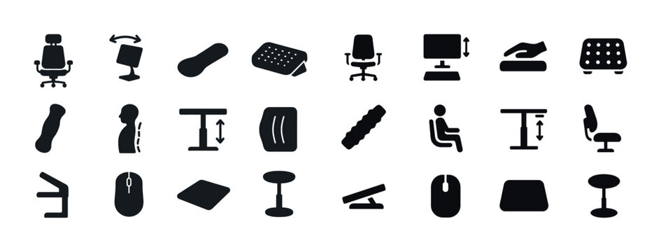 Ergonomic office equipment icons set: chair, desk, mouse, cushio