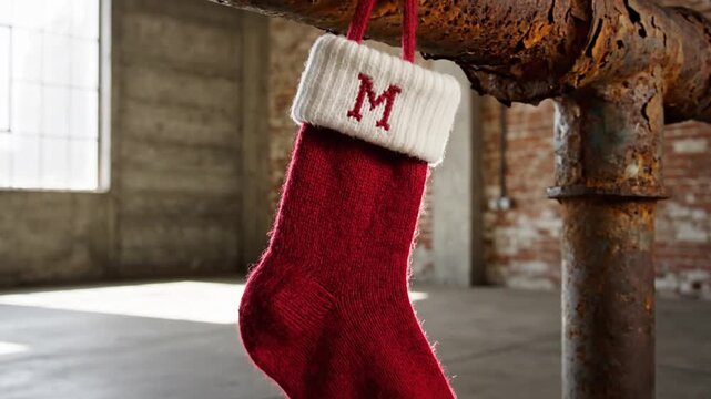 A festive red Christmas stocking with an M initial hangs from a rusty pipe in an abandoned industrial building, symbolizing holiday spirit in an unexpected setting.
