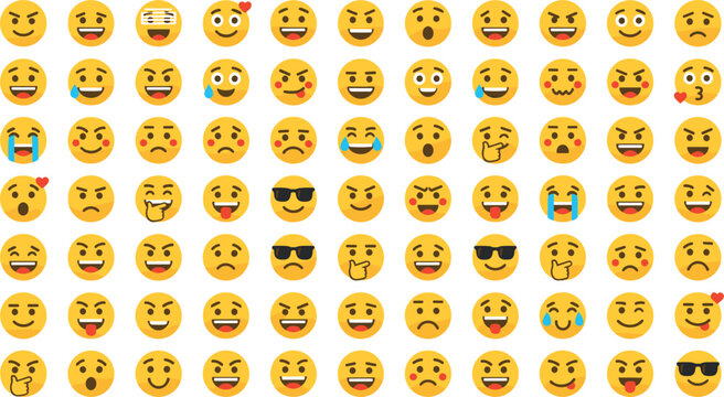 Huge vector collection of flat design yellow emoji faces expressing diverse human emotions like joy, sadness, anger, love, and cool sunglasses for digital use.