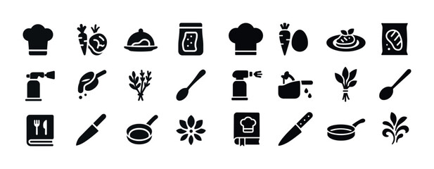 Culinary kitchen icons set: chef hat, cooking utensils, ingredie