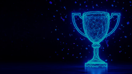 A luminous cyan wireframe trophy stands amidst glowing blue and purple confetti on a dark, reflective background. This futuristic 3D digital award embodies triumph, progress, and victory in the