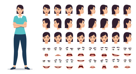 Female character creation kit with a full body view and various heads eyes and mouths for facial expression and animation.