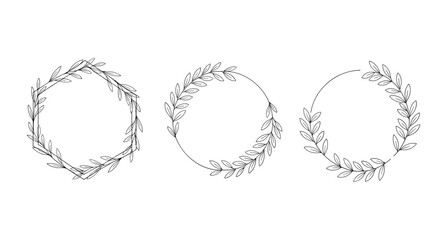 Set of three elegant hand-drawn frames in geometric shapes decorated with delicate botanical leaves in a minimalist line art style.