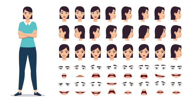 Female character creation kit with a full body view and various heads eyes and mouths for facial expression and animation.