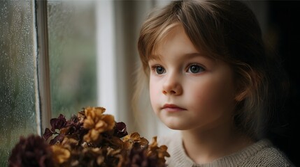 A young girl looks thoughtfully out a rain streaked window with dried flowers in the foreground