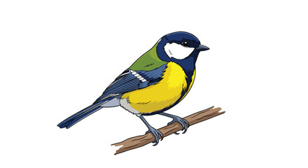 Obraz premium A detailed and colorful illustration of a great tit bird perched on a small tree branch isolated on a white background.