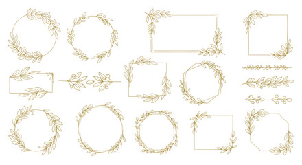 An extensive collection of elegant golden frames borders and dividers decorated with delicate olive branches for wedding stationery.