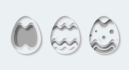 Obraz premium Three decorative Easter eggs designed in a grayscale paper cut style with layered patterns and shadows for a 3D effect.