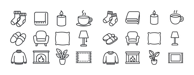 Cozy home icons set with candles, tea, slippers, and furniture