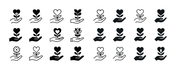Fototapeta premium Heart and flower icon set: diverse handheld symbols