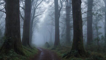 Fototapeta premium A moody forest path shrouded in fog, trees lining the way with low visibility and atmospheric tones