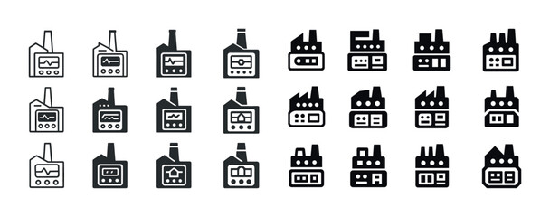Black and white factory icons set representing industrial buildi