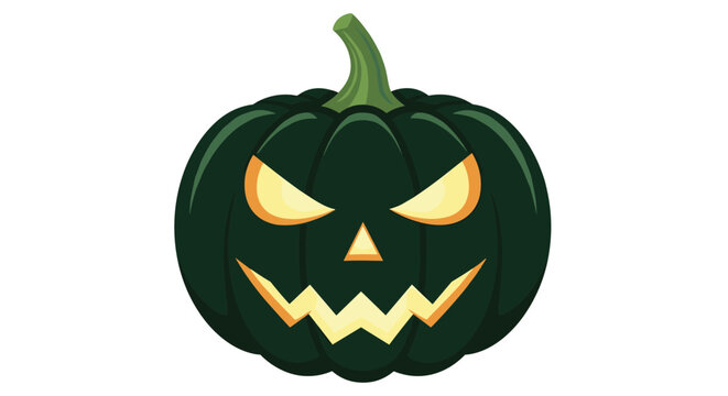 Spooky dark green Halloween jack o' lantern pumpkin with a scary glowing evil face carved for an autumn holiday celebration.