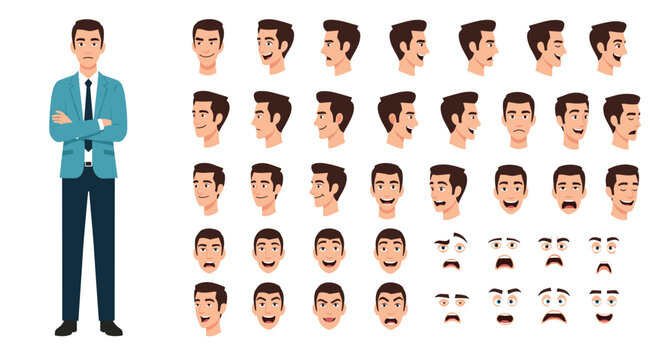 Complete character creation set for a businessman in a suit featuring various facial expressions emotions and head turnarounds.