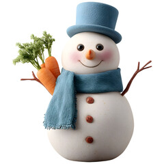 A cheerful snowman holding carrots with a blue scarf