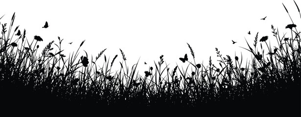 Beautiful black silhouette vector of lush wild grass, weeds, and wildflowers, with butterflies flying, creating a natural and peaceful outdoor border design. © Mst