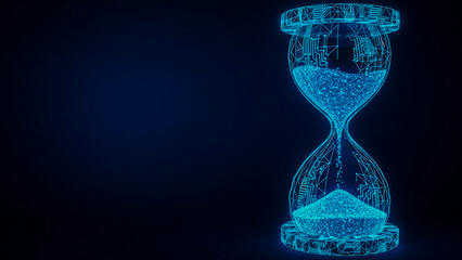 A visually striking 3D render of a futuristic hourglass, glowing with blue light and embedded circuit patterns. Digital sand cascades within, symbolizing the relentless flow of time, data, and